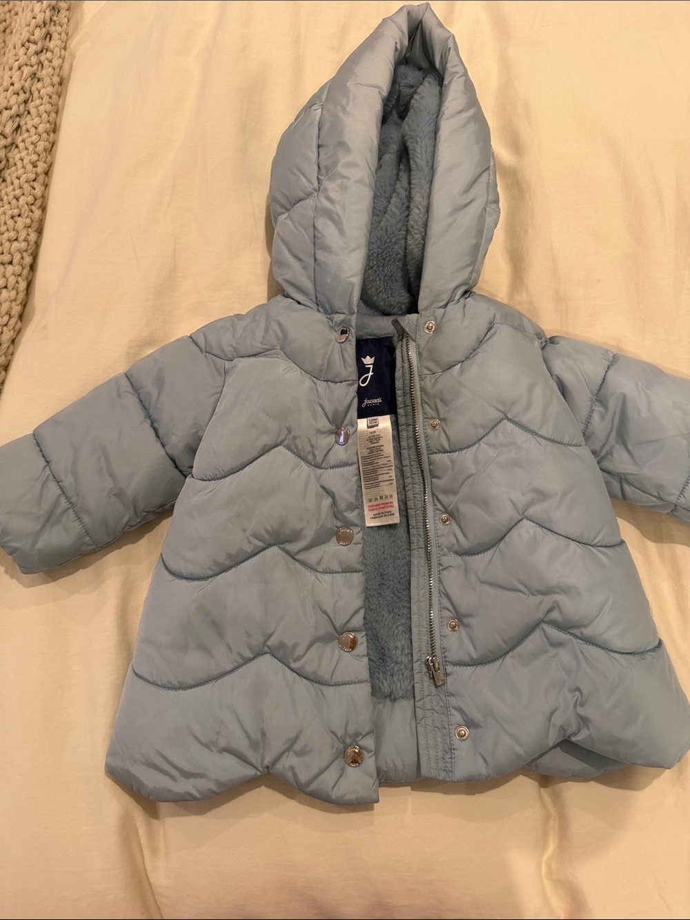 Girls' Jacadi 12M Light Blue Puffer Hooded Jacket - Cozy Winter Coat